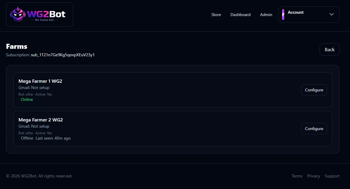 WG2Bot cloud bot dashboard preview